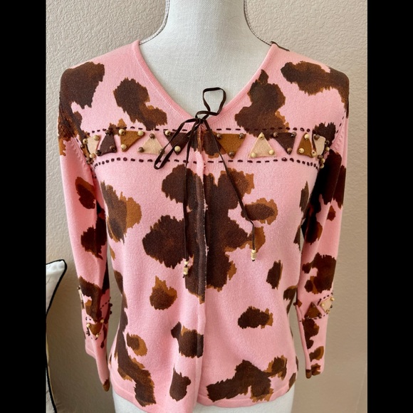 christine rotelli pink cardigan cow print medium - Picture 2 of 7